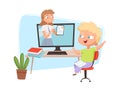 Online education concept. Boy and teacher on screen, happy student distance learning vector illustration Royalty Free Stock Photo