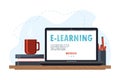 Online education concept design with a laptop, books, hot drink. E-learning vector stock illustration