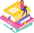 Online education concept featuring a student working on her laptop while sitting atop a stack of colorful books