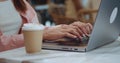 online education concept. female hands texting on laptop keyboard. Busy business woman emailing to client remotely use