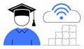 Online Education Concept with Graduation Cap, Cloud Computing and Puzzle Learning Royalty Free Stock Photo