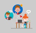 Online education concept illustration. Student studying at home via internet. Kids with laptop chatting with their friends. Online