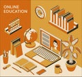 Online education concept with laptop, books, globe and coffee. Study at home, online courses