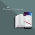 Online education with a concept of learning and play offers mobile phone, books, pencils and paper plane isolated on navy green Royalty Free Stock Photo