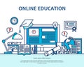 Online education concept with learning and teaching icons. School vector background with computer. Banner for website or