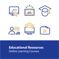 Online education concept line icons, internet learning courses, distant studying Royalty Free Stock Photo