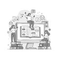 Online education concept with students interacting and learning from digital book and computer screen vector illustration Royalty Free Stock Photo