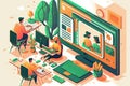 Online education concept with students studying remotely from home using computers and gadgets