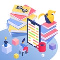 Online education concept training and learning in mobile app, huge books with tablet and tiny people isometric vector