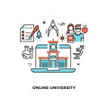 Online education concept. Webinar, distance learning on web platform. Students science and research vector outline