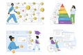 Online education concepts set. Gamification learning with multimedia. Teaching inclusion. Vector flat outline illustration