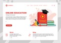 Online education course landing page template. E-learning web design mock up with student female and many books. Remote Royalty Free Stock Photo