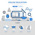 Online education course library concept flat line art vector icons Royalty Free Stock Photo