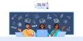 Online education and courses vector flat concept with diverse multinational students with laptops. Royalty Free Stock Photo