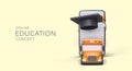 Online education. 3D smartphone, school bus, graduate cap. Convenient format of modern learning Royalty Free Stock Photo