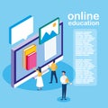 Online education with desktop and mini people Royalty Free Stock Photo