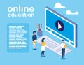 Online education with desktop and mini people Royalty Free Stock Photo