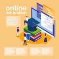 Online education with desktop and mini people Royalty Free Stock Photo