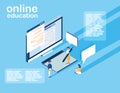 Online education with desktop and mini people Royalty Free Stock Photo