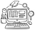 Online education and digital learning concept with computer, academic symbols, and research tools Royalty Free Stock Photo