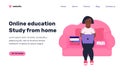 Online education or distance courses landing page template. African americal girl with laptop sits on sofa and studies from home.