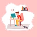 Online education. Distance study at school. Student is sitting at home and learning using computer. E-learning vector flat