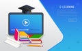 Online education, e-learning, college research, training courses concept with tablet, books, textbooks and graduation cap.