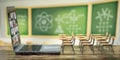 Online education and e-learning concept. Home quarantine distance learning. Laptop and school desks on blackdesk in classroom Royalty Free Stock Photo