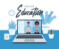 Online education, e-learning, online course concept, home school vector illustration. students on laptop computer screen, distance Royalty Free Stock Photo