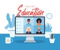 Online education, e-learning, online course concept, home school vector illustration. students on laptop computer screen, distance Royalty Free Stock Photo