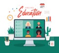 Online education, e-learning, online course concept, home school vector illustration. students on laptop computer screen, distance Royalty Free Stock Photo