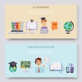 Online education, e-learning science vector illustration horizontal banners set. Online computer and studying icons Royalty Free Stock Photo
