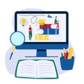 Online education flat background with big books and people. People read book. Royalty Free Stock Photo