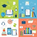 Online education flat icons vector set of distance school and webinar symbols. Royalty Free Stock Photo
