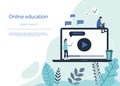 Online education flat illustration. Online Education background, E-Learning, E-Library via Digital Device. Educational Royalty Free Stock Photo