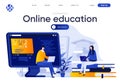 Online education flat landing page. Students learning with laptops vector illustration. Distance education, online webinar, career