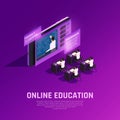 Online education glow isometric composition with conceptual futuristic classroom with students and teacher on screen