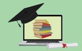 Online education graduate graduation cap laptop notebook and book stack