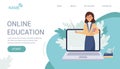 Online education, home schooling concept. Banner for Landing page. Female teacher on laptop screen. Vector illustration. Flat Royalty Free Stock Photo