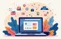 Online education illustration. Laptop shows e learning content with connected icons, remote study, communication. Digital Royalty Free Stock Photo
