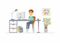 Online education - illustration of school boy student at home computer