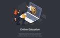 Online education isometric concept, laptop with teacher, internet course for learning on home. Royalty Free Stock Photo