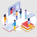 Online education isometric concept, training courses. 3d isometric people.