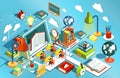 Online education Isometric flat design. The concept of learning and reading books in the library and in the classroom. University Royalty Free Stock Photo