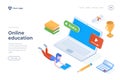 Online education isometric landing page template cartoon student reading book Royalty Free Stock Photo