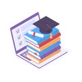 Online education isometric vector illustration. Flat laptop with stack of books, diploma scroll and graduation cap.