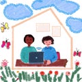 Online study class illustration of kids learning through distance education courses