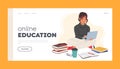 Online Education Landing Page Template. Female Student Character Sitting On Floor With Laptop And Books, Tired Girl Royalty Free Stock Photo
