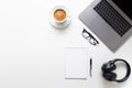 Online education. Laptop, glasses, cup of coffee, notebook, pen and headphones on the white table.