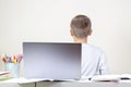 Online education, learning difficulties. Boy sitting turn back at the desk with laptop computer and pile of school books Royalty Free Stock Photo